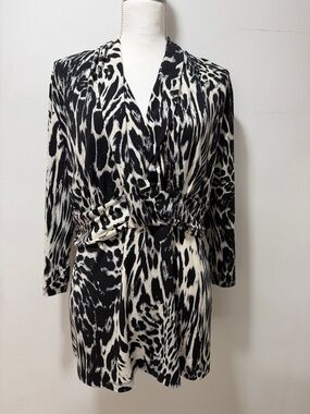 NY&CO STRETCH Womens Y2K Animal Print Leopard V Neck Blouse XL Top BRATZ 90s VTG